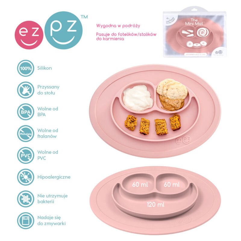 Silikonowy talerzyk z podkładką mały 2w1 Mini Mat, Pastelowy róż - obrazek 4