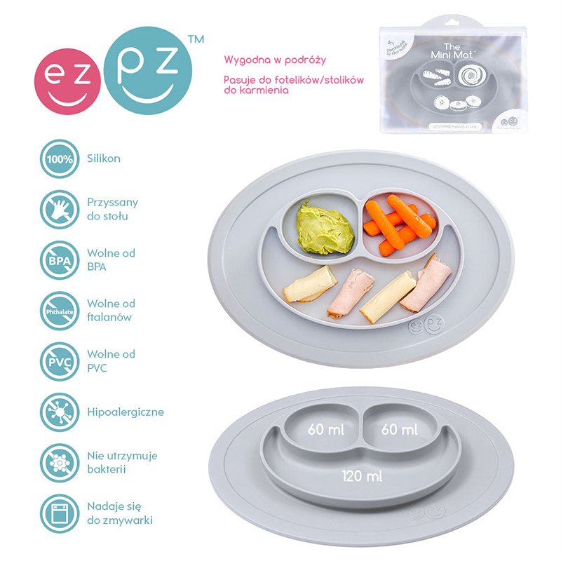 Silikonowy talerzyk z podkładką mały 2w1 Mini Mat, Pastelowa szarość - obrazek 4